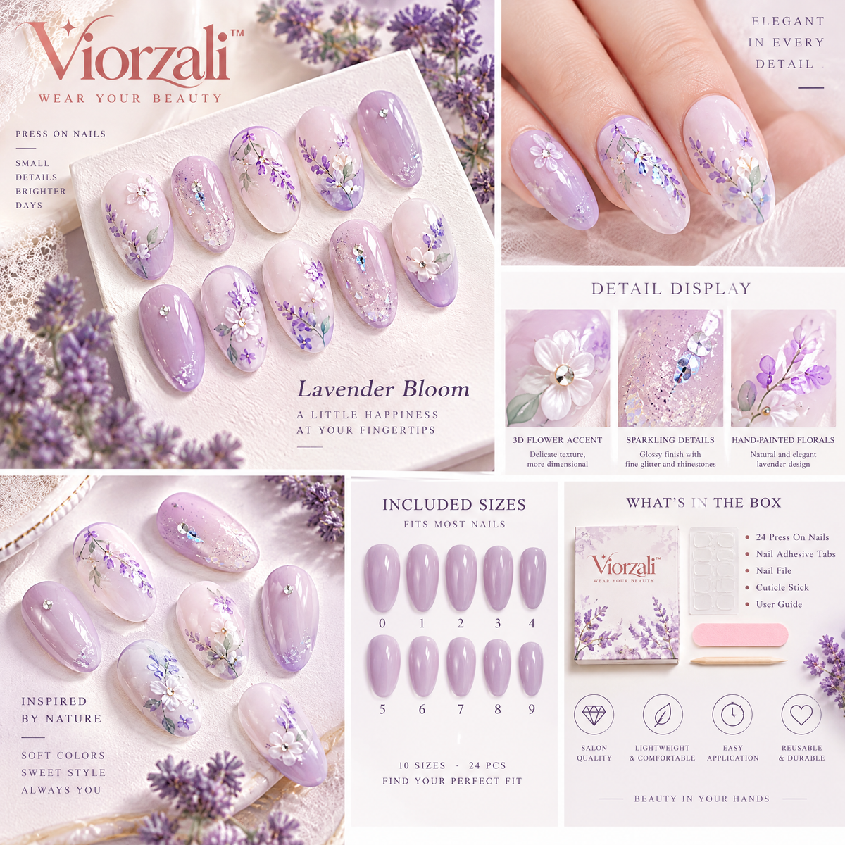 Viorzali™ Lavender Bloom Floral Press-On Nails — close-up design
