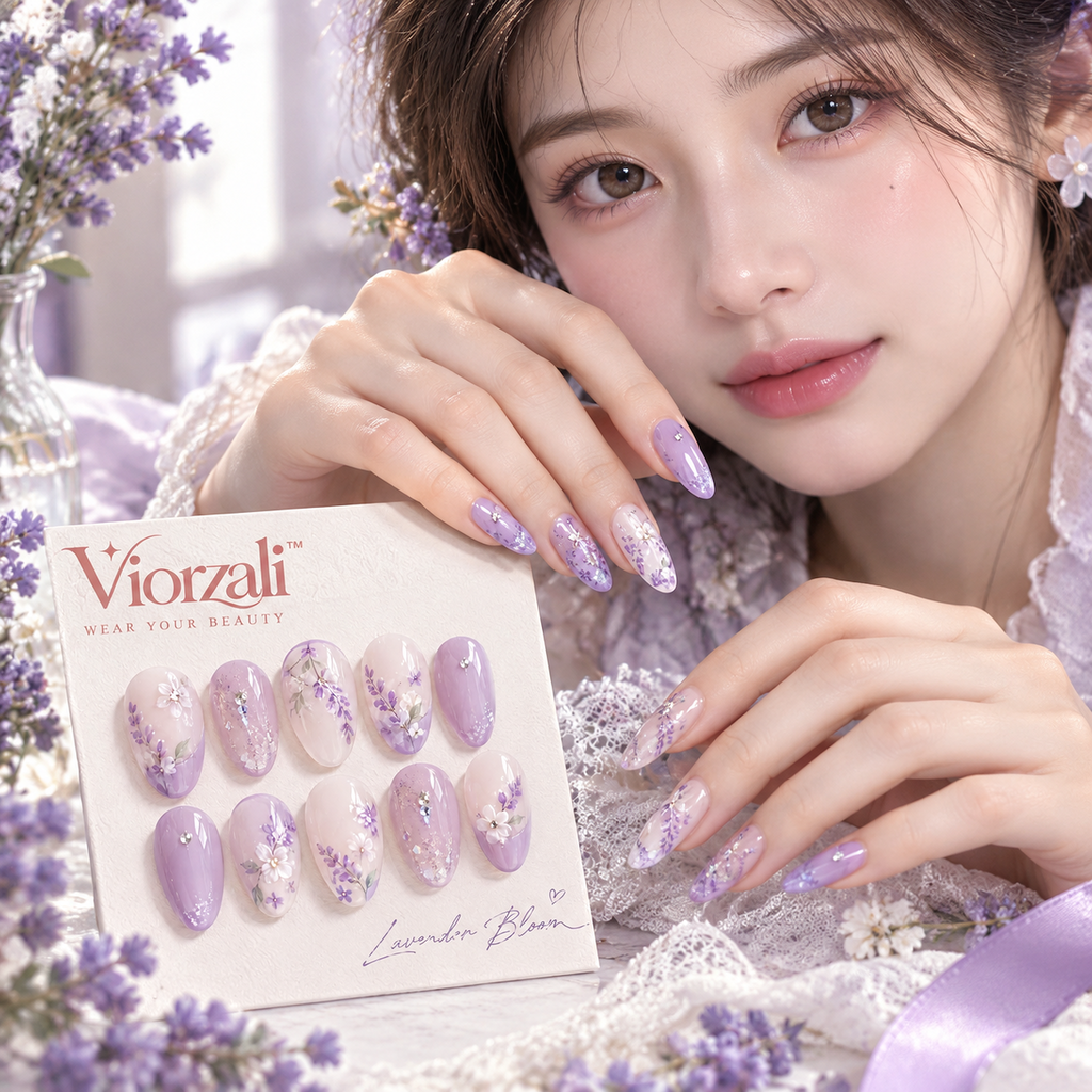 Viorzali™ Lavender Bloom Floral Press-On Nails — styling inspiration