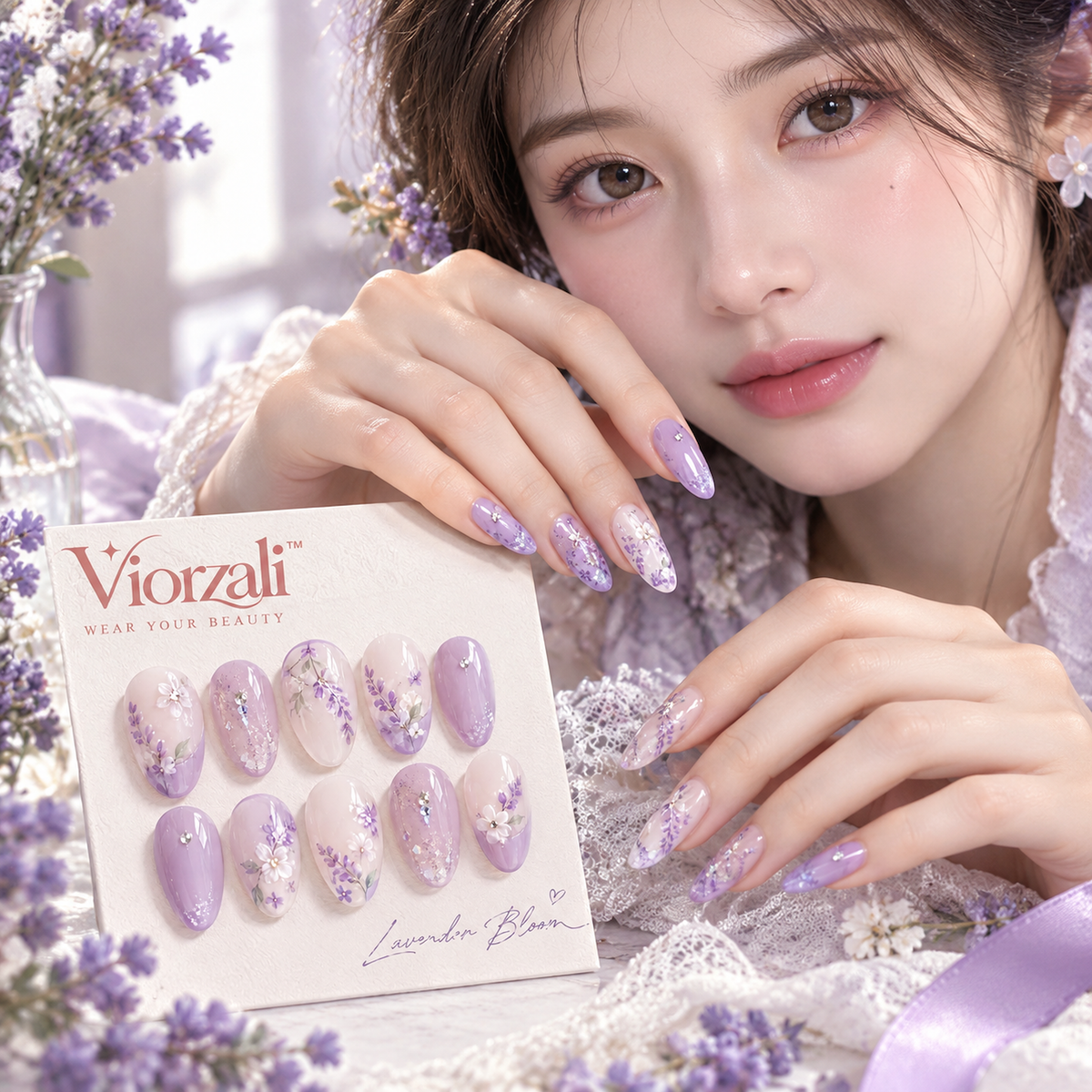Viorzali™ Lavender Bloom Floral Press-On Nails — styling inspiration