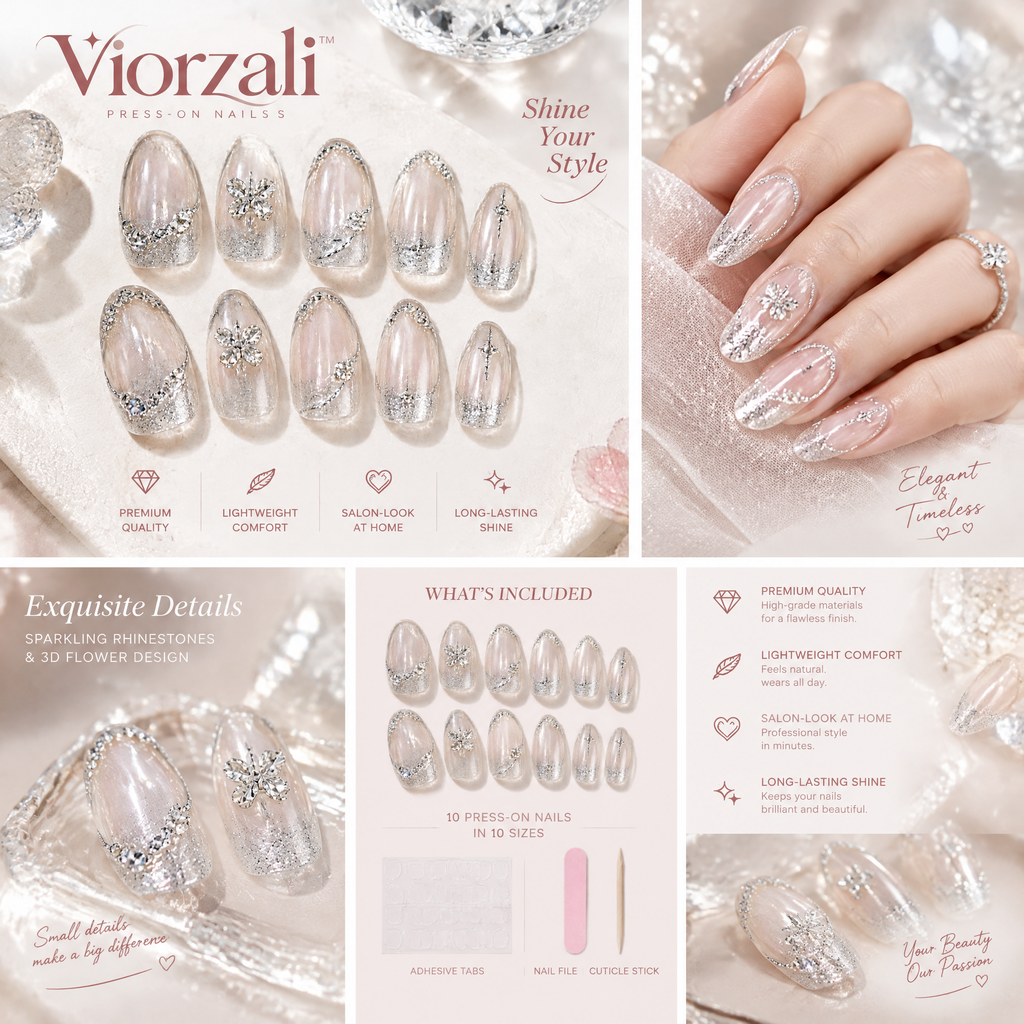 Viorzali™ Crystal Silver Glitter Press-On Nails — finish and decorative details