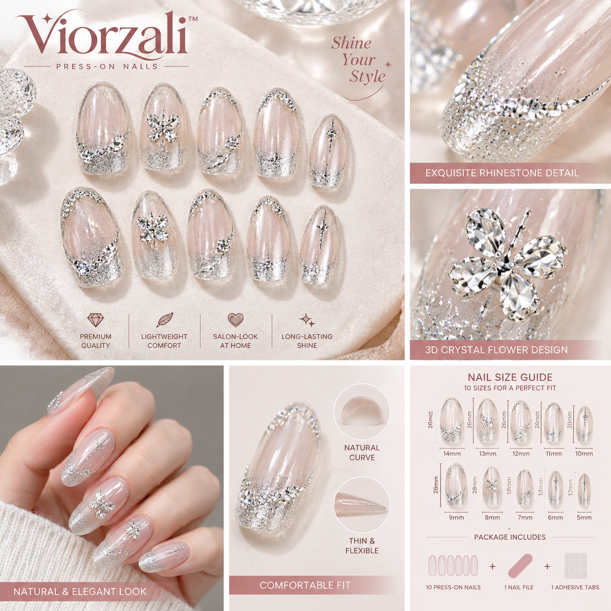 Viorzali™ Crystal Silver Glitter Press-On Nails — close-up design